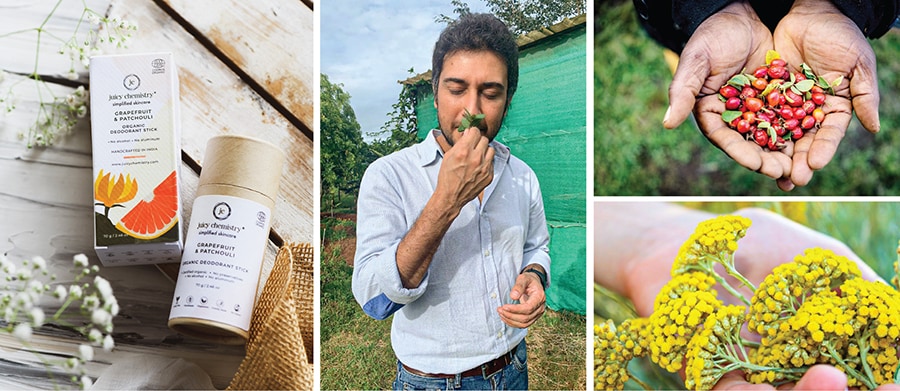 (Clockwise from left) Juicy Chemistry’s products are made with natural ingredients and packaged in eco-friendly materials; co-founder Pritesh Asher; Rosehip seed buds from organic farms in Lesotho; Helichrysum, from organic farms in Croatia, used in their lip balm and facial oil