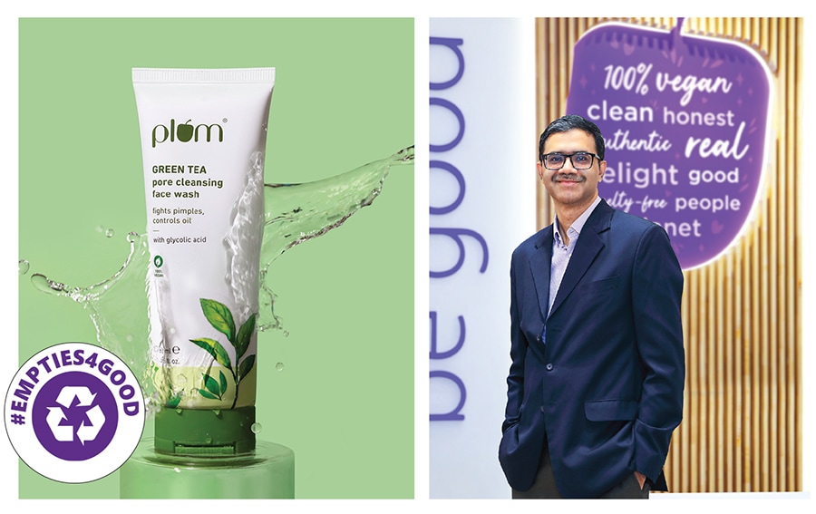 (From left) Plum’s ‘Empties4Good’ scheme gives consumers reward points in exchange for empty containers; Shankar Prasad, founder and CEO of Plum