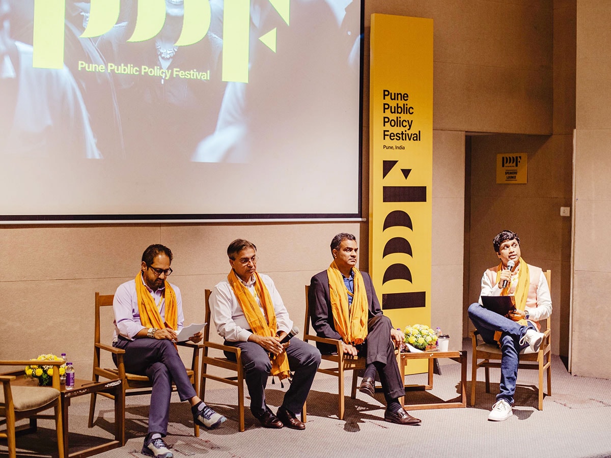 From L-R: Venture capitalists Sandeep Murthy, Sandeep Singhal, Vaibhav Domkundwar, and moderator Anshul Bhide at the Pune Public Policy Festival