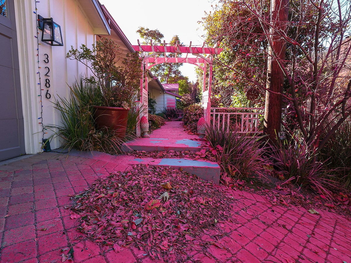 Red flame retardant is seen on a home in the hills of Mandeville Canyon after being partially burned in the Palisades Fire.
Image: Valerie Macon / AFP©