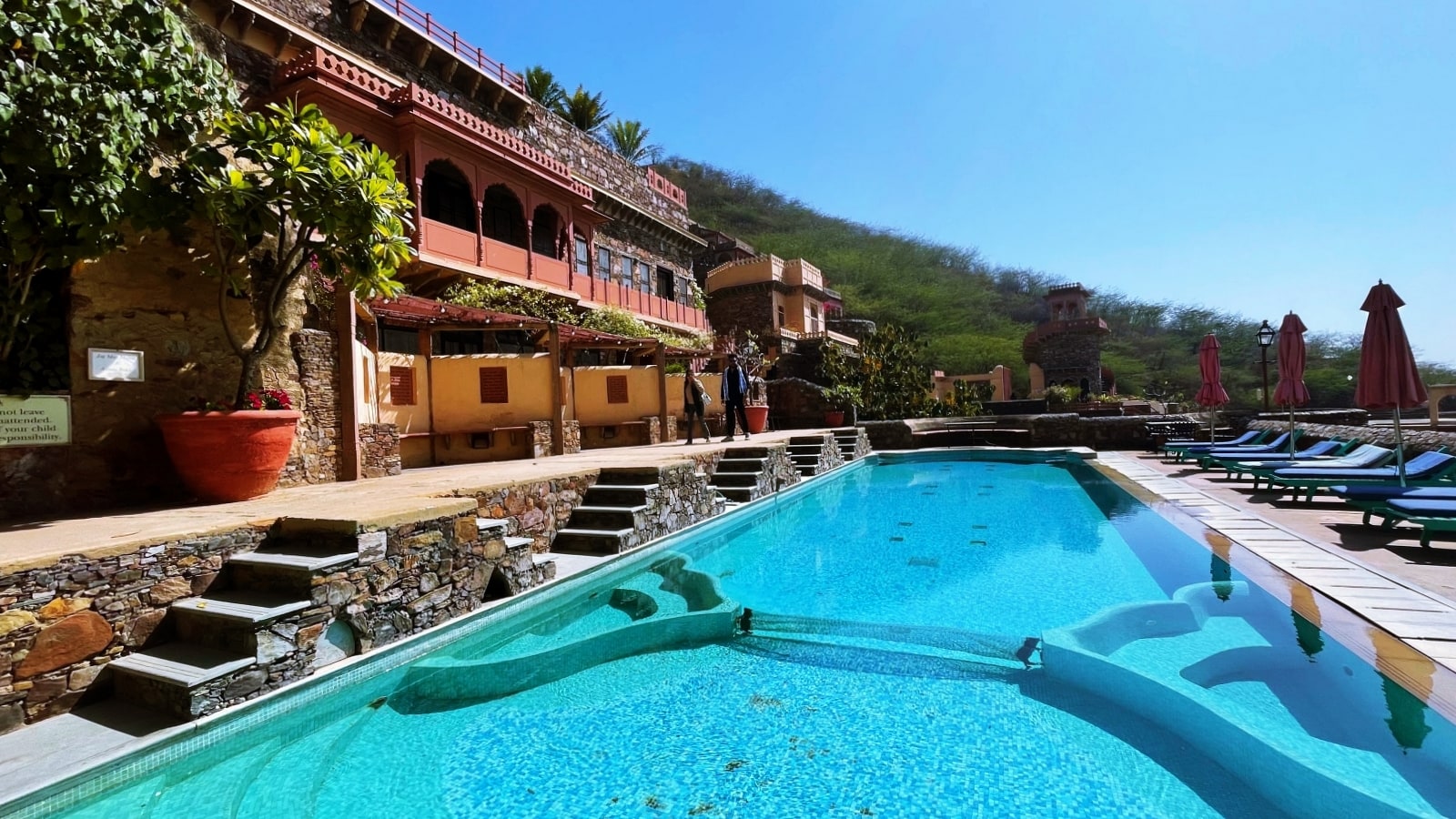 The historic royal Raj Kund has been transformed into a swimming pool where guests of Neemrana Fort-Palace can now take a refreshing dip.