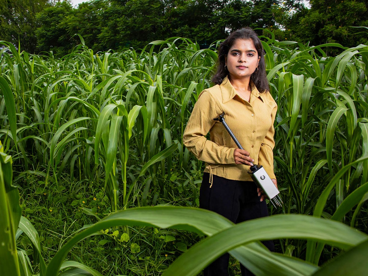 Nikita Tiwari, Product Lead, DeHaat (formerly cofounder & director, NeerX). Nikita is seen with Shool, India's most advanced portable sensor for soil and crop monitoring invented by her and Harsh Agrawal. Image: Madhu Kapparath 