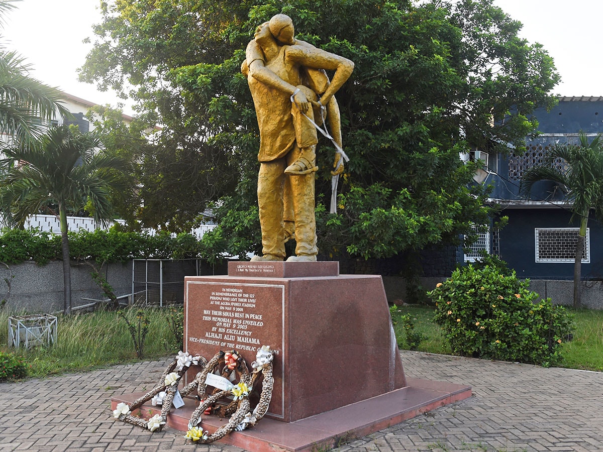 A picture taken on July 12, 2017, shows a memorial for the 127 for who died during a local derby between Kumasi Asante Kotoko Football Club and Accra Hearts of Oak in 2001 at the Accra Sports Stadium. 
Image: Pius Utomi Ekpei / AFP 