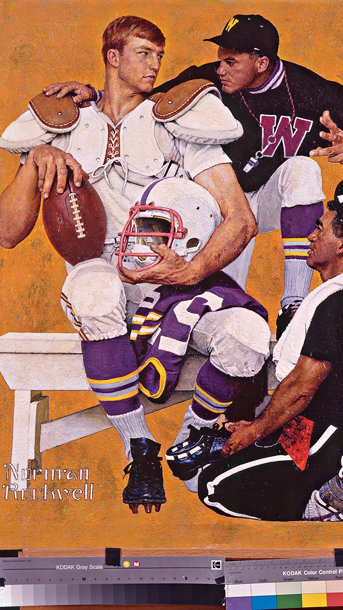 Navarro’s father, Frank (centre), Williams College’s football coach at the time, was asked by Norman Rockwell to model as the coach for his famous 1966 illustration, The Recruit, which ran in Look magazine with an article about recruiting high school athletes Image: Norman Rockwell Museum Collection, Norman Rockwell Art Collection Trust, Nract.1973.128 Image Copyright Norman Rockwell Family Agency. All Rights Reserved