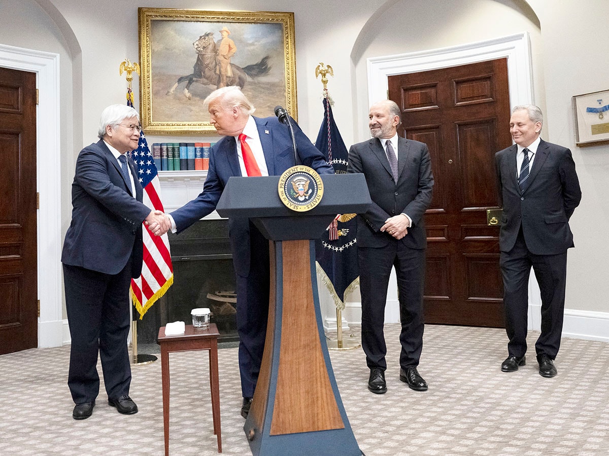 US President Donald Trump shakes the hand of C.C. Wei as he announced an investment of a 0 Billion, four-year investment into American Chip manufacturing by Taiwanís chipmaking titan TSMC on March 3, 2025. Image: Roberto Schmidt / AFP 