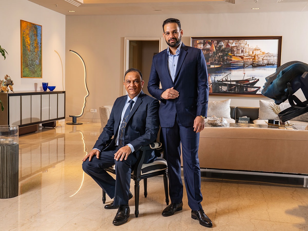 Akshay Arora (seated), chairman, with son Shiven Arora, managing director, Blue Jet Healthcare Ltd Image: Mexy Xavier