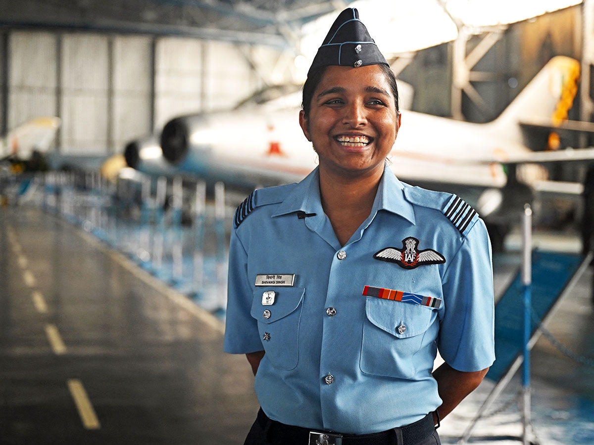 Lieutenant Shivangi Singh of the Indian Air Force (IAF) attending an interview with AFP at the Air Force Museum in New Delhi. Image: Arun SANKAR / AFP