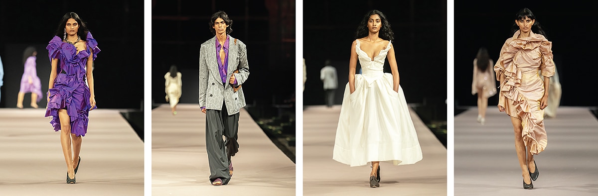 A capsule collection of Vivienne Westwood couture looks crafted with handwoven Chanderi silks and khadi cotton, wool and silk sourced from across India by Khadi India and Aaranya, Gwalior