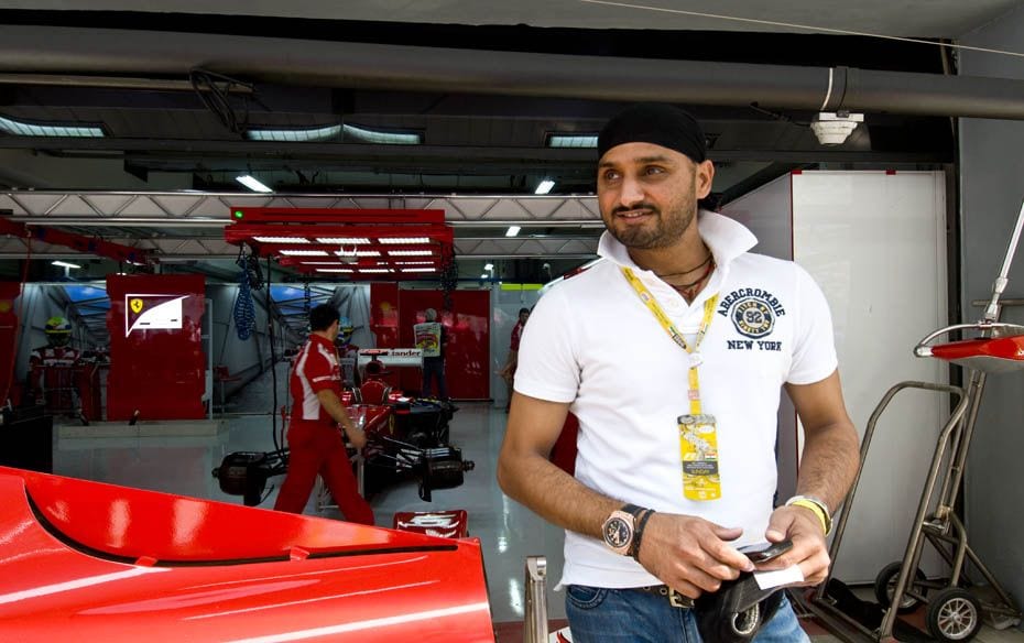 Indian cricket star Harbhajan Singh at the Ferrari pit just before the final race.                  