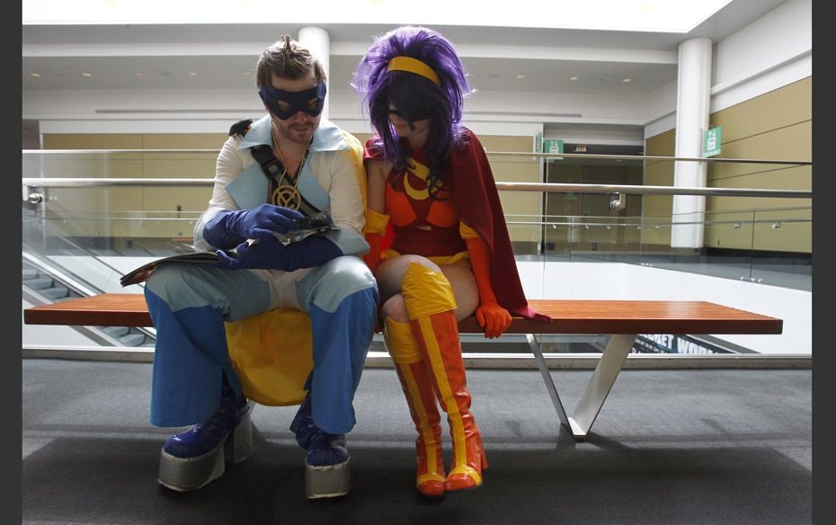 Peek Into the Future Dressed as characters from the television show Futurama Will Taylor (L) and Cat