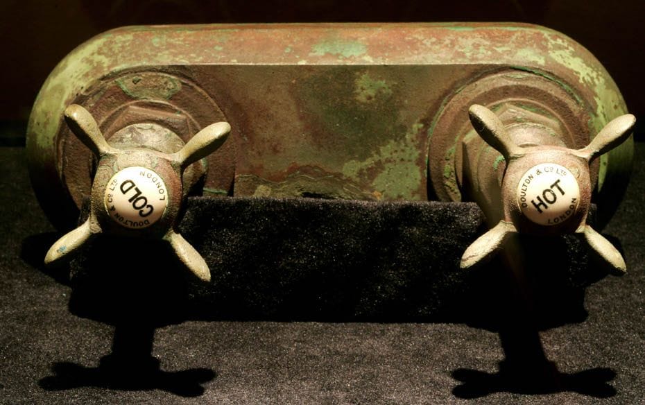 A pair of water bath valves is on display at the ‘Titanic, The Artifact Exhibition’ at A