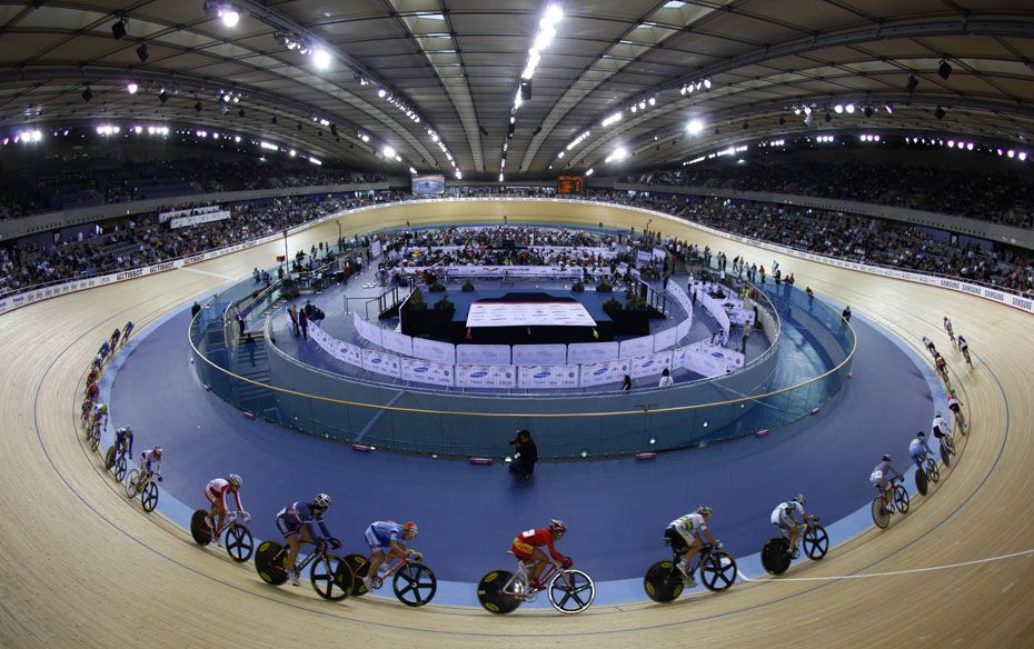 Cyclists compete in the Points Race of the Women's Omnium at the UCI Track Cycling World Cup at 