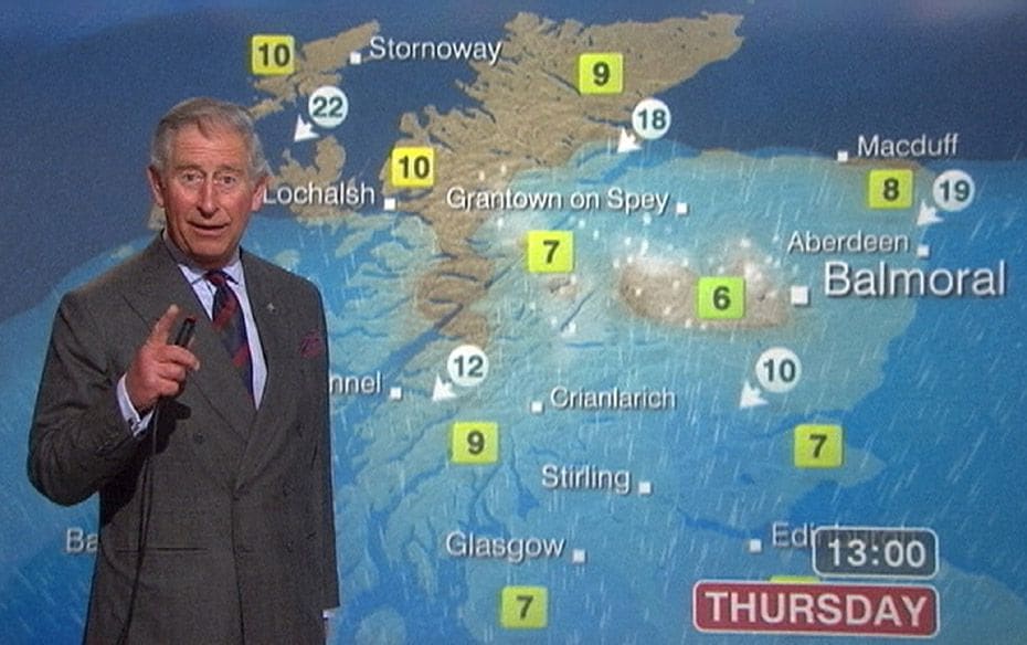 A still image from video shows Britain's Prince Charles presenting a special weather forecast du