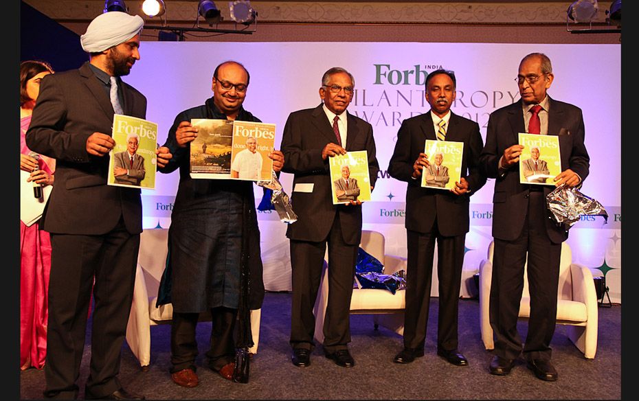 Gurmeet Singh, CEO of Forbes India, Indrajit Gupta, MV Subbiah, SD Shibulal and N Vaghul with the sp