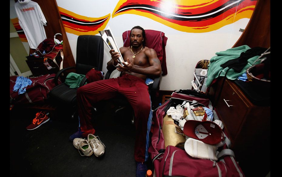 Chris Gayle of the West Indies cricket team celebrates winning the ICC World Twenty20 2012 final aga