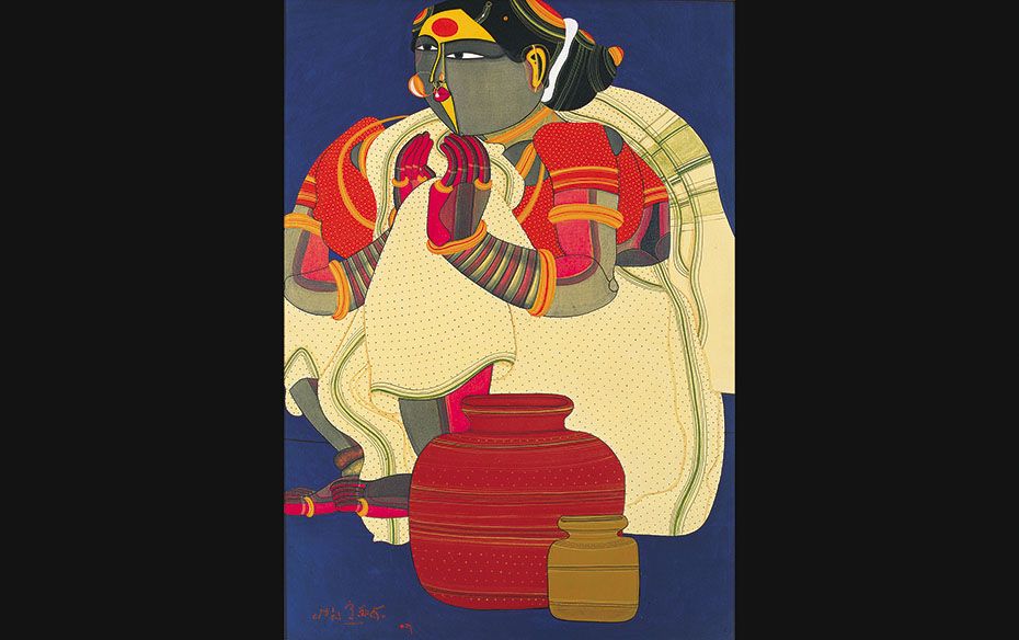 Innocent lustTHOTA VAIKUNTAM (b. 1942)Telangana Woman with PotAcrylic on canvas41 x 29 inchesThis Te