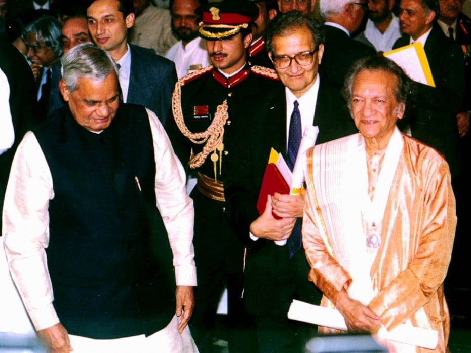 Nobel Laureate Amartya Sen (Second From Right), And Sitar Maestro Ravi Shankar (Right) after recie