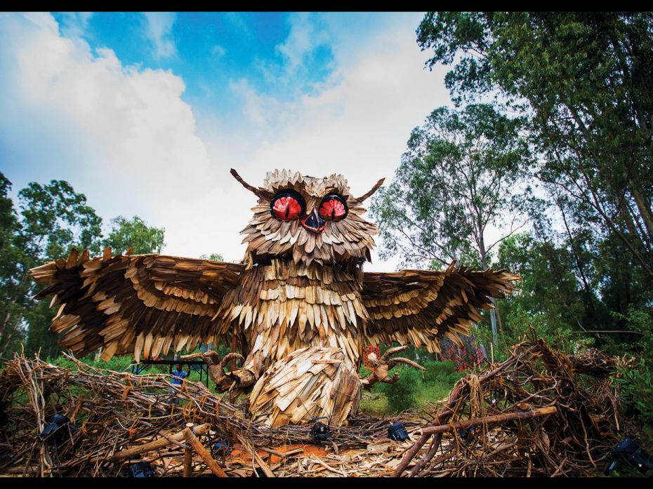 Owls have been a symbol of wisdom and intelligence. This installation—with a head that rotates