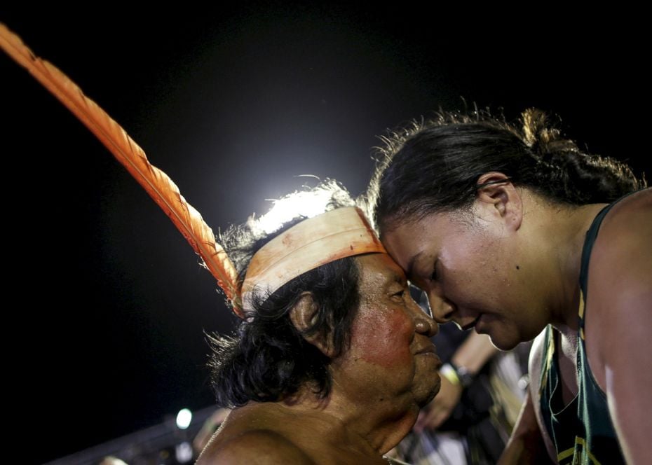 New ZealandAn indigenous man from the Gavião tribe receives a greeting from a Maori woman fro