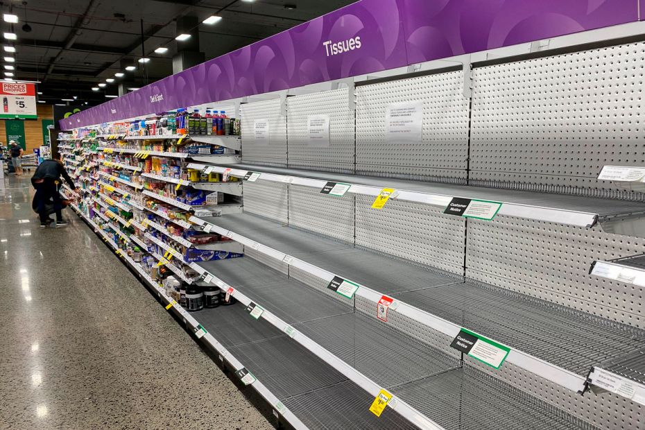 AUSTRALIA: Empty shelves, usually stocked with tissue, seen at a supermarket in Melbourne. Coronavir