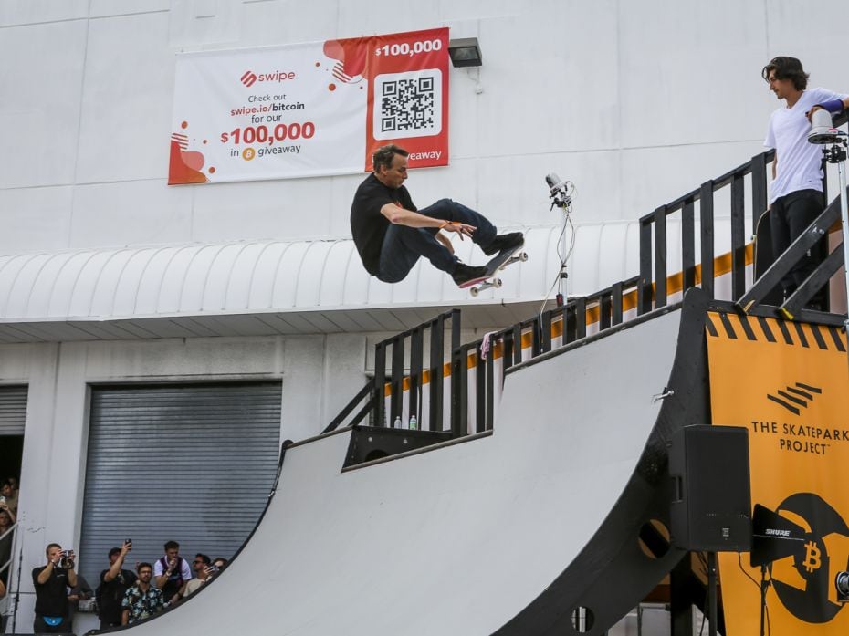 Skateboarding legend Tony Hawk skates a half pipe during Bitcoin 2021. Hawk took the stage later to 