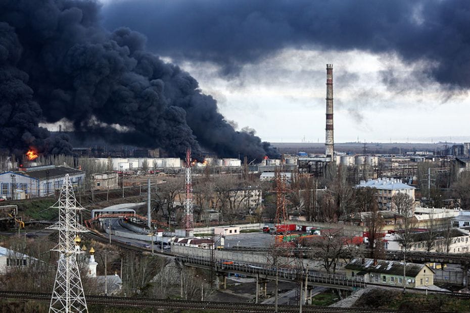 Clouds of smoke from a fire were caused when Russian missiles hit an oil storage facility in Odesa, 