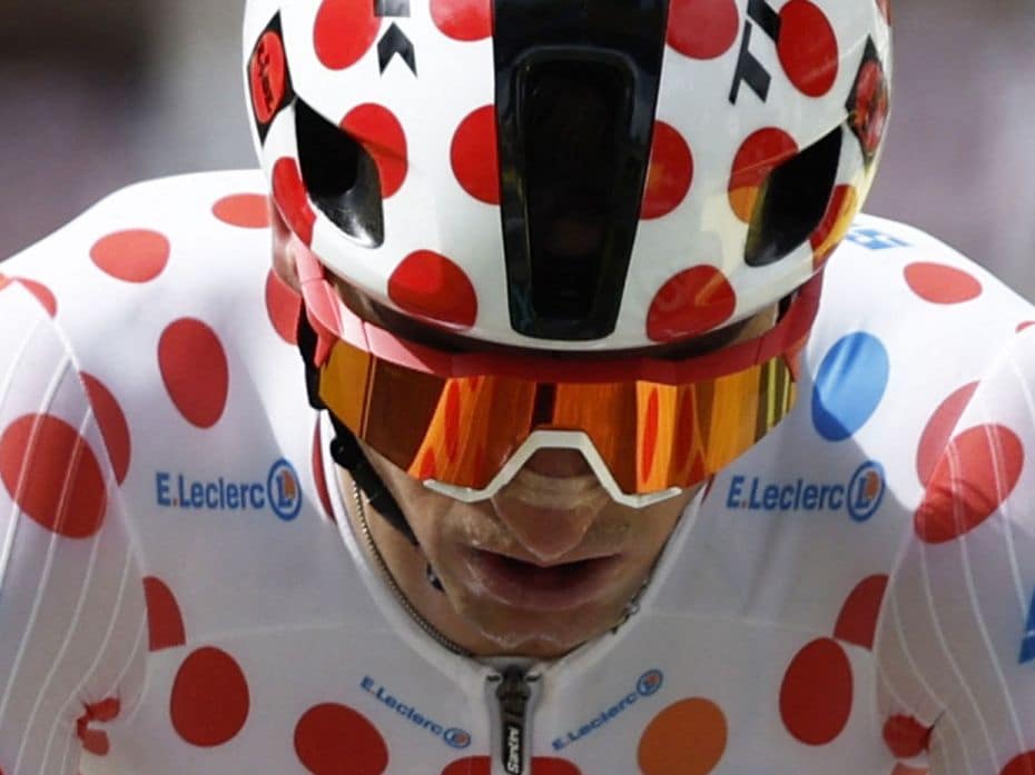 Lidl–Trek's Giulio Ciccone in the team's distinct polka-dot jersey during stage 16 from Passy 