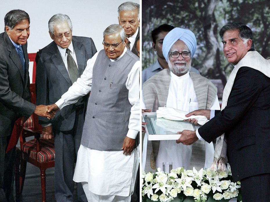 (Left) Ratan Tata greets Indian Prime Minister Atal Bihari Vajpayee at the release of a commemorativ