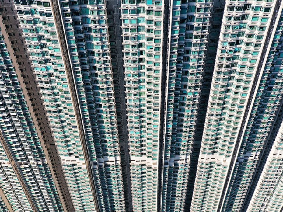 This aerial photo, taken on October 14, 2024, shows sky-high apartment blocks in Tung Chung on Lanta