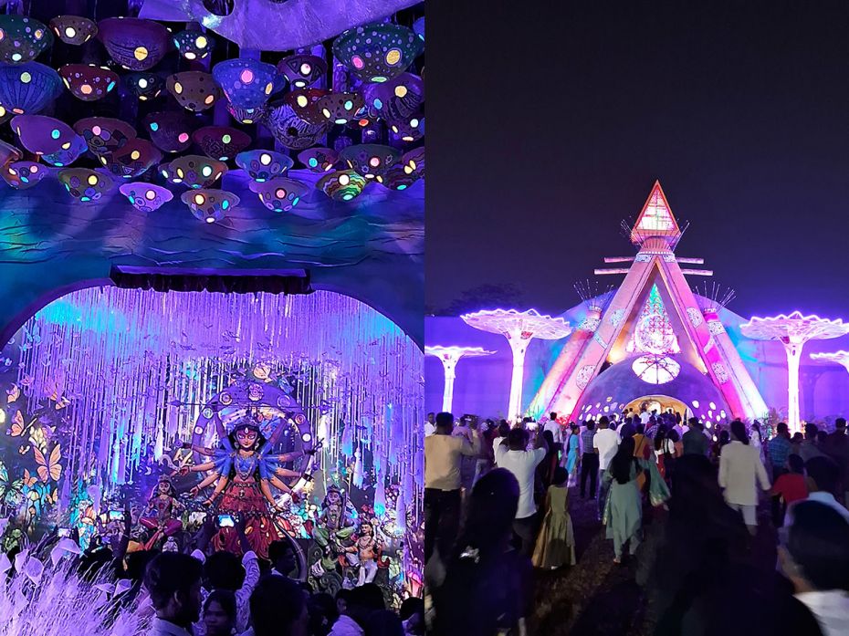 Durga appears triumphant in a ghagra choli amidst psychedelic mushrooms in an otherworldly pandal in