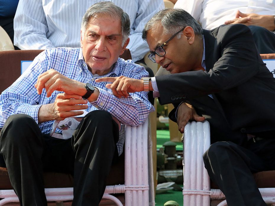 Ratan Tata, former chairman of the Tata Group and present chairman Natarajan Chandrashekharan (right