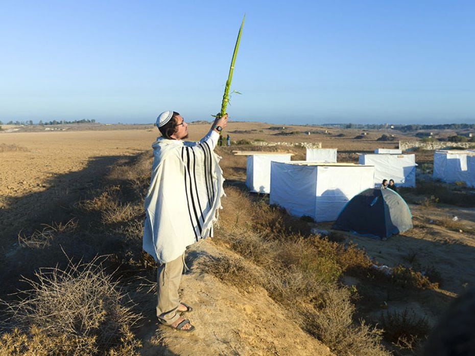 An Israeli Jewish right-wing activist prays with a palm frond during a Sukkot (Jewish holiday) gathe