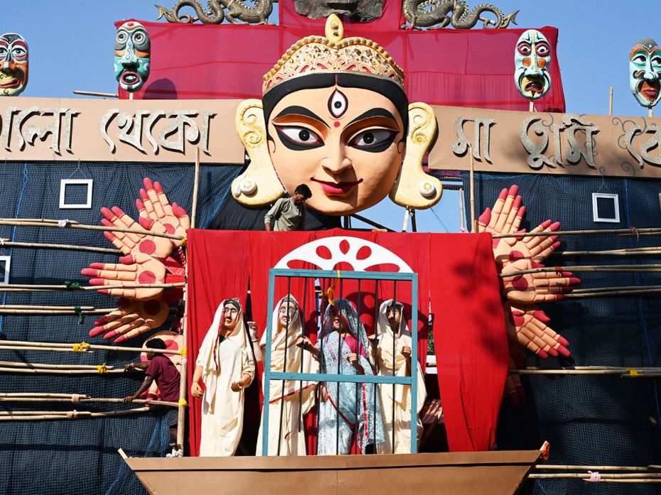 A Kolkata artist depicts Durga's open-palmed vision of women's freedom from repression at the Aramba