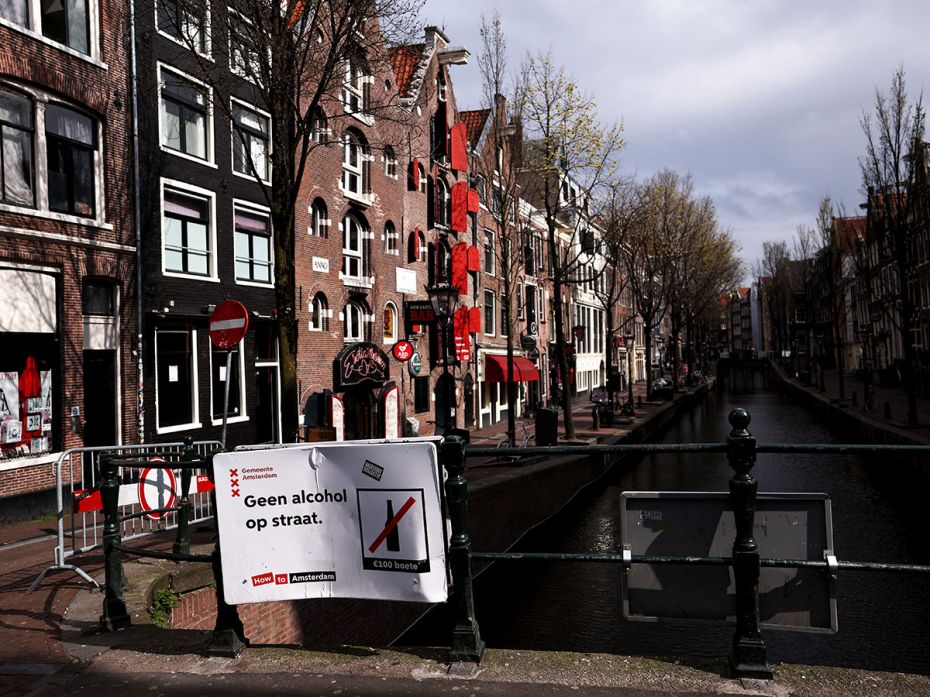 A general view of Amsterdam's city centre with street signs declaring 'Geen alcohol op straat' ('No 