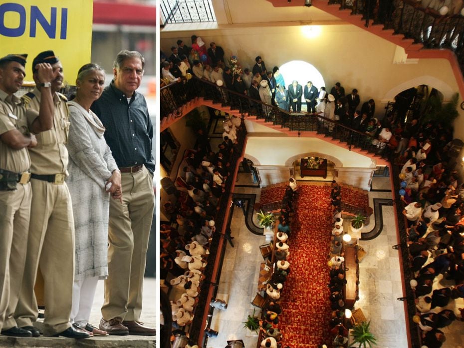 (Left) Ratan Tata was seen at Tata's marquee Taj Mahal Palace Hotel on the day following the terrori