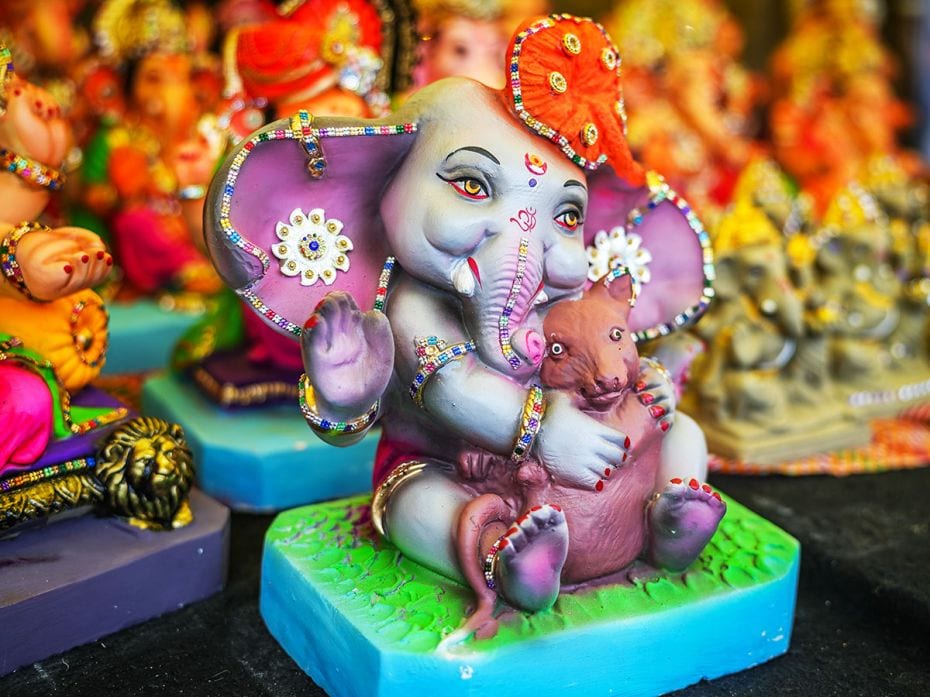 In a surprising variation, Lord Ganesha hugs Mushaka, the mouse, his chosen vehicle found alongside 