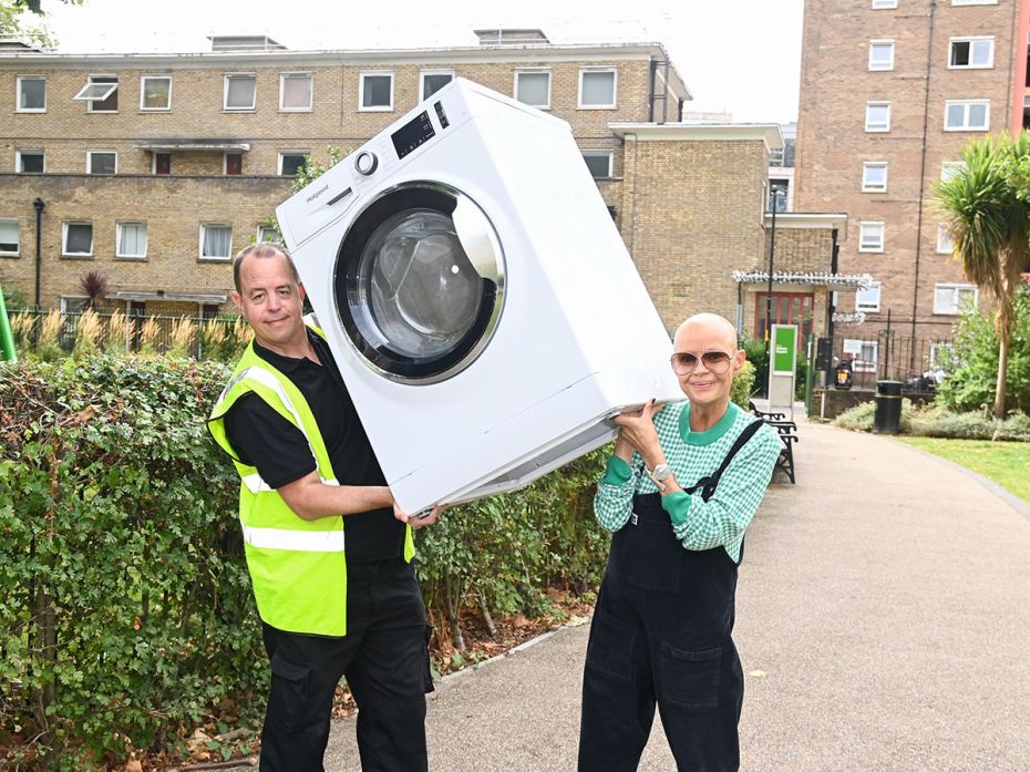 Gail Porter, ambassador for charity-owned lender Fair for You, helps deliver a washing machine at Ne