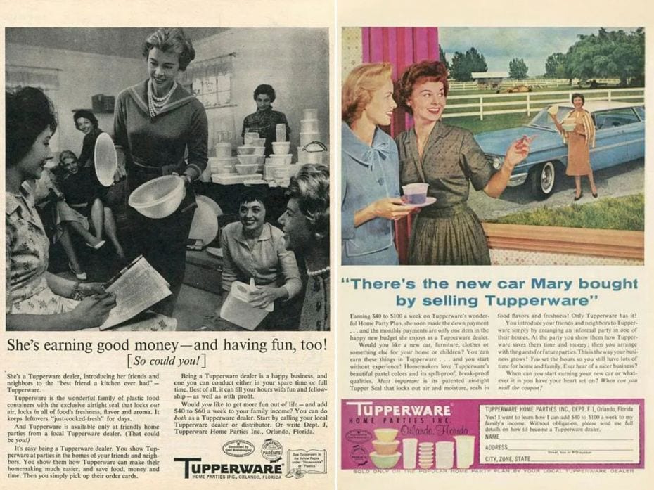 Early Tupperware advertisements.
Thousands of women, mostly married, signed on to be 