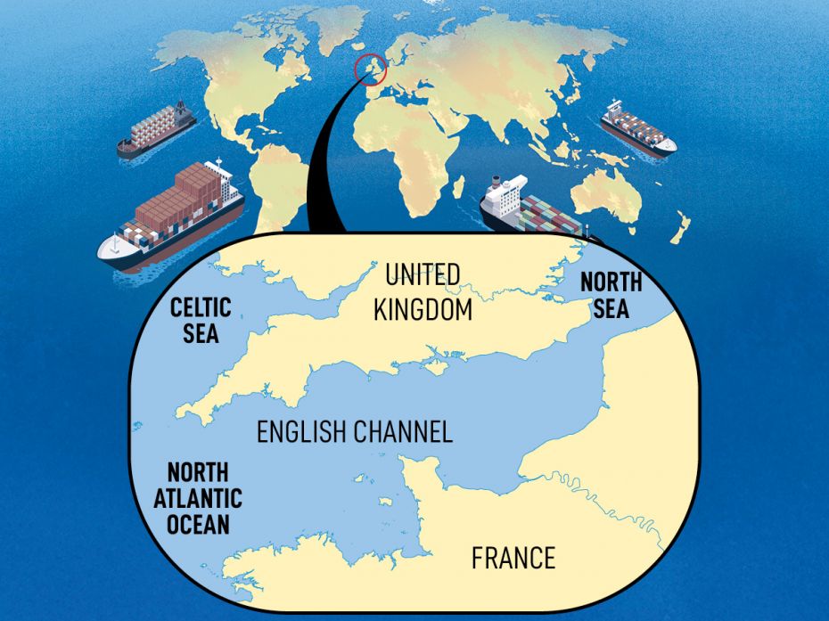The English ChannelThe busiest ocean shipping lane in the  world—with more than 500 vessels pa