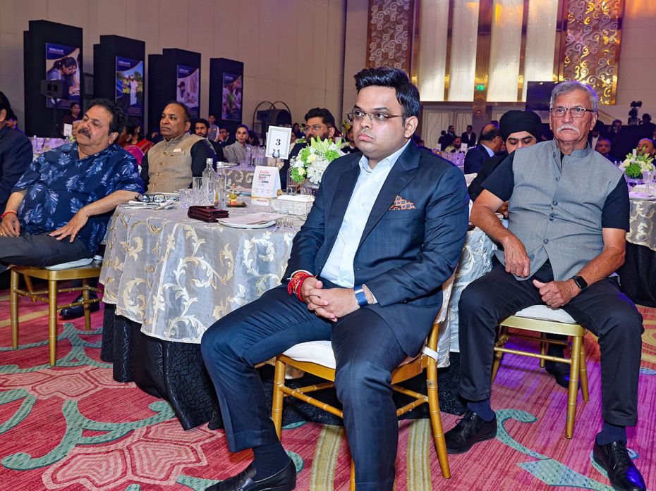 ICC Chairman Jay Shah, BCCI President Roger Binny, BCCI Vice President Rajiv Shukla observe the proc